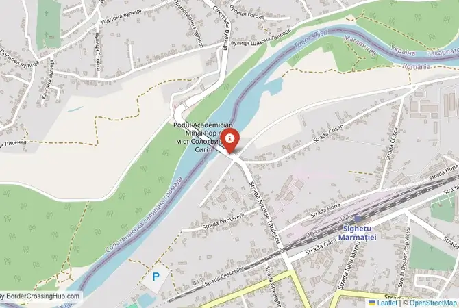 Close-up map showing a border crossing point with marker at the selected land port of entry between Ukraine and Romania