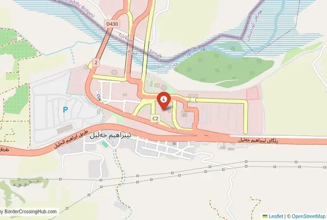 Close-up map showing a border crossing point with marker at the selected land port of entry between Iraq and Turkey