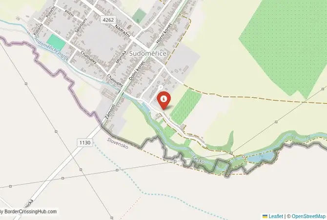 Close-up map showing a border crossing point with marker at the selected land port of entry between Slovakia and Czechia