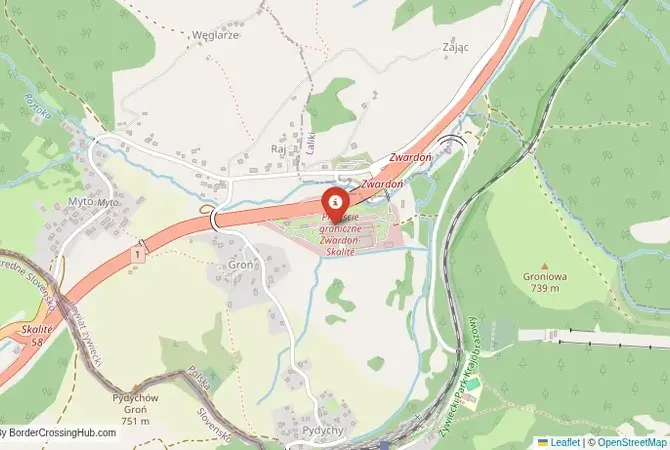 Close-up map showing a border crossing point with marker at the selected land port of entry between Slovakia and Poland