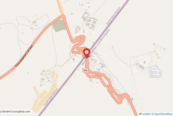 Close-up map showing a border crossing point with marker at the selected land port of entry between Botswana and South Africa