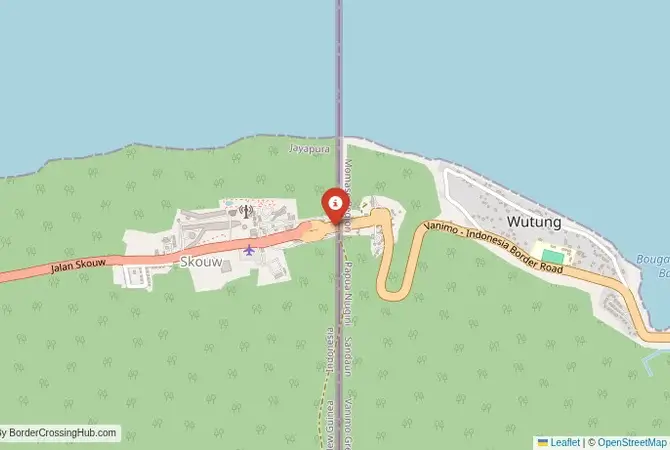 Close-up map showing a border crossing point with marker at the selected land port of entry between Indonesia and Papua New Guinea