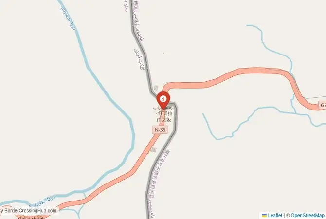 Close-up map showing a border crossing point with marker at the selected land port of entry between Pakistan and China