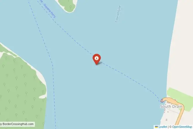 Close-up map showing a border crossing point with marker at the selected land port of entry between Suriname and Guyana