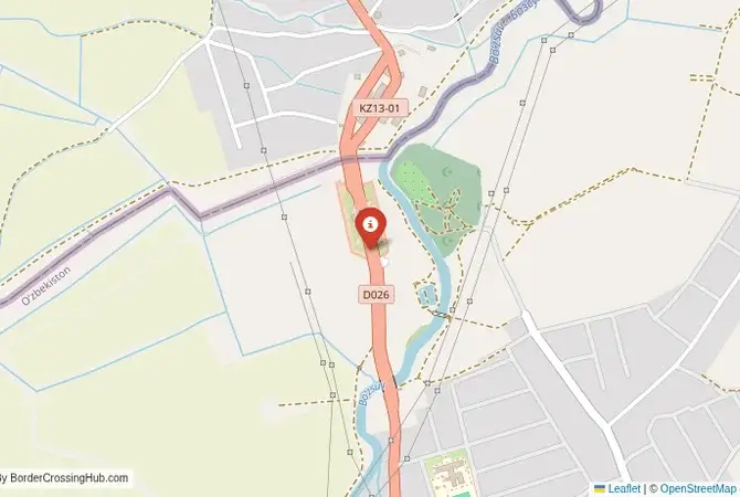 Close-up map showing a border crossing point with marker at the selected land port of entry between Uzbekistan and Kazakhstan