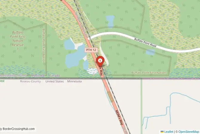 Close-up map showing a border crossing point with marker at the selected land port of entry between United States and Canada