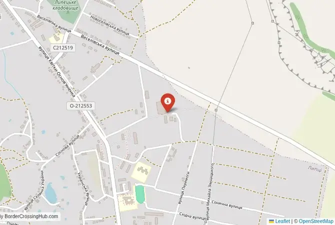 Close-up map showing a border crossing point with marker at the selected land port of entry between Ukraine and Russia