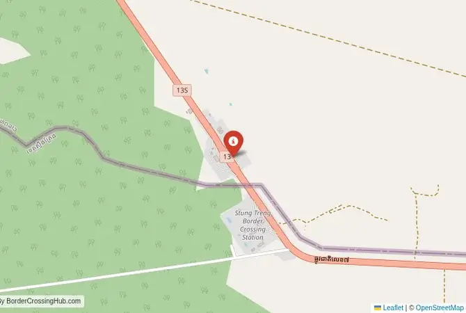 Close-up map showing a border crossing point with marker at the selected land port of entry between Laos and Cambodia