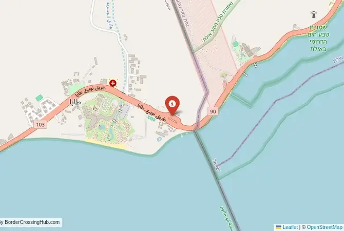 Close-up map showing a border crossing point with marker at the selected land port of entry between Israel and Egypt