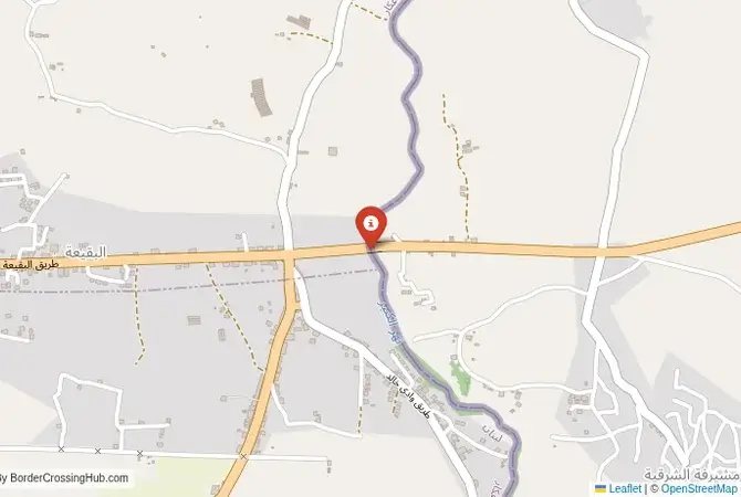 Close-up map showing a border crossing point with marker at the selected land port of entry between Lebanon and Syria