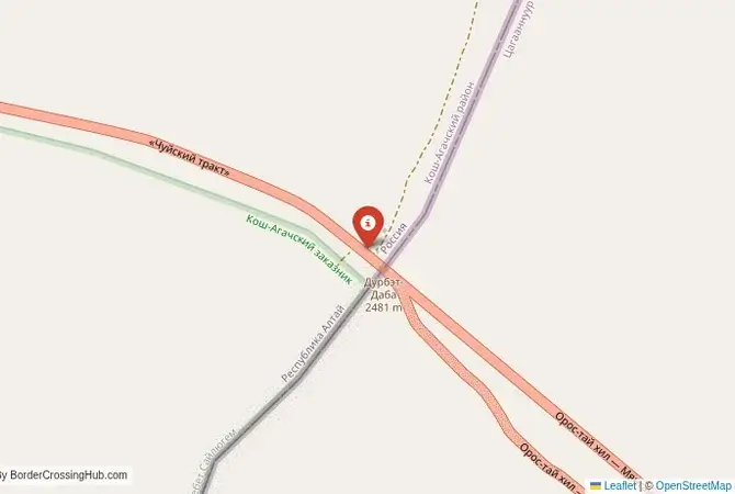 Close-up map showing a border crossing point with marker at the selected land port of entry between Mongolia and Russia