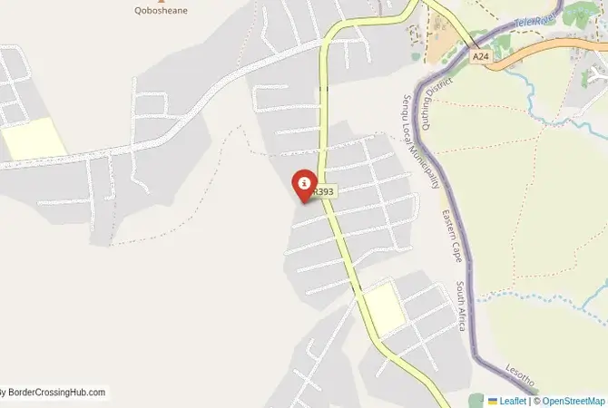 Close-up map showing a border crossing point with marker at the selected land port of entry between South Africa and Lesotho