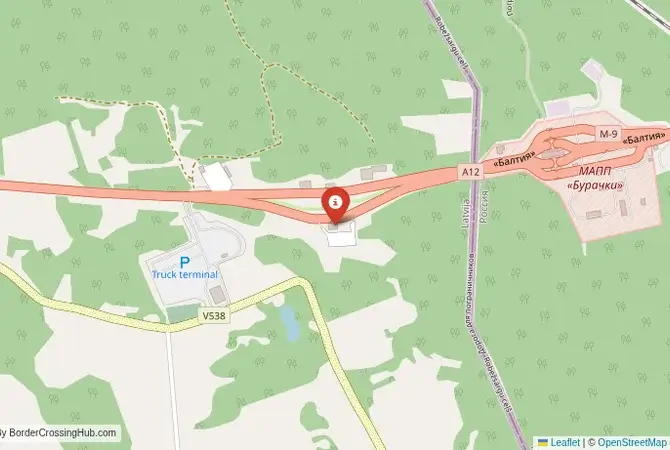 Close-up map showing a border crossing point with marker at the selected land port of entry between Russia and Latvia