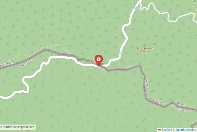 Close-up map showing a border crossing point with marker at the selected land port of entry between Bulgaria and Greece