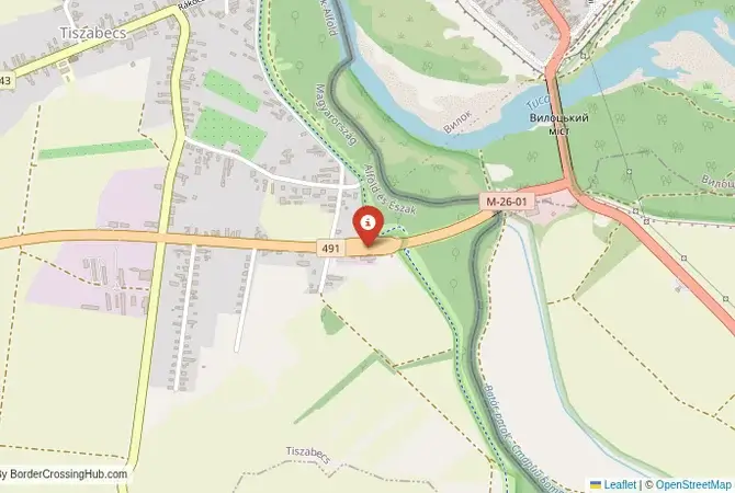 Close-up map showing a border crossing point with marker at the selected land port of entry between Ukraine and Hungary