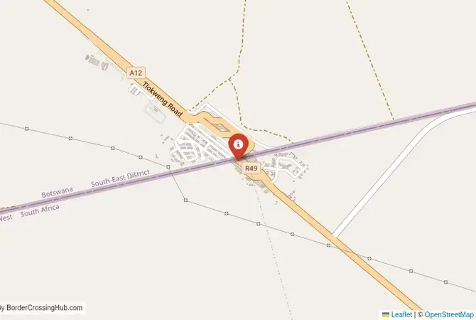 Close-up map showing a border crossing point with marker at the selected land port of entry between Botswana and South Africa