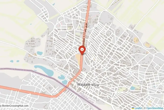 Close-up map showing a border crossing point with marker at the selected land port of entry between Somalia and Ethiopia