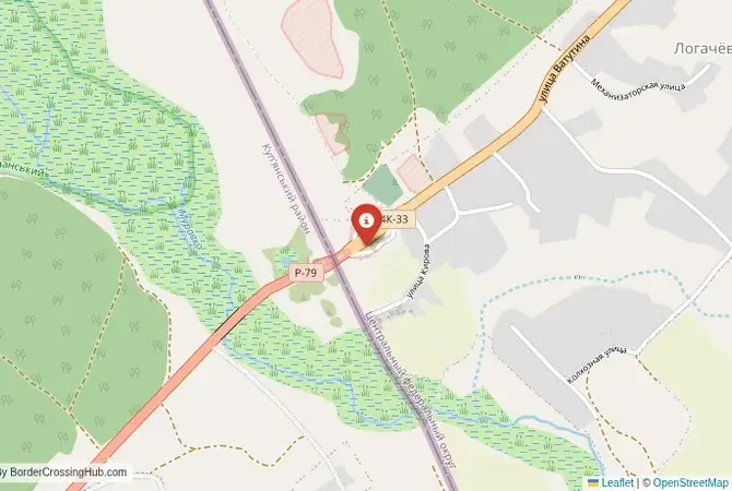 Close-up map showing a border crossing point with marker at the selected land port of entry between Ukraine and Russia