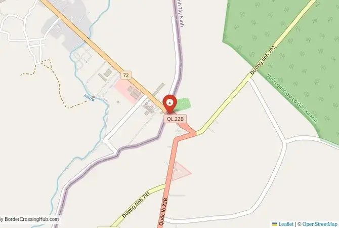 Close-up map showing a border crossing point with marker at the selected land port of entry between Cambodia and Vietnam