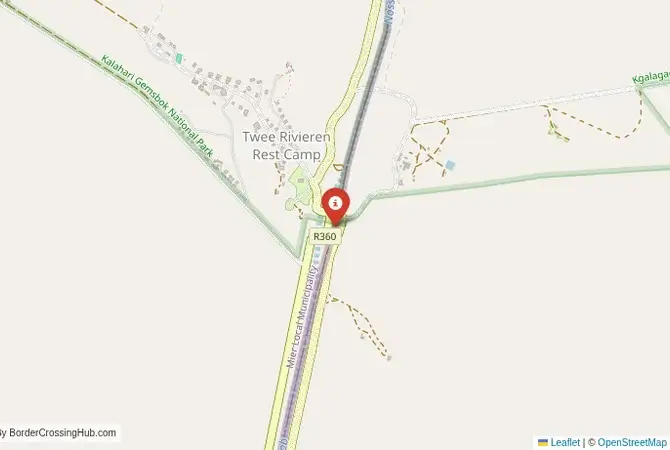 Close-up map showing a border crossing point with marker at the selected land port of entry between South Africa and Botswana