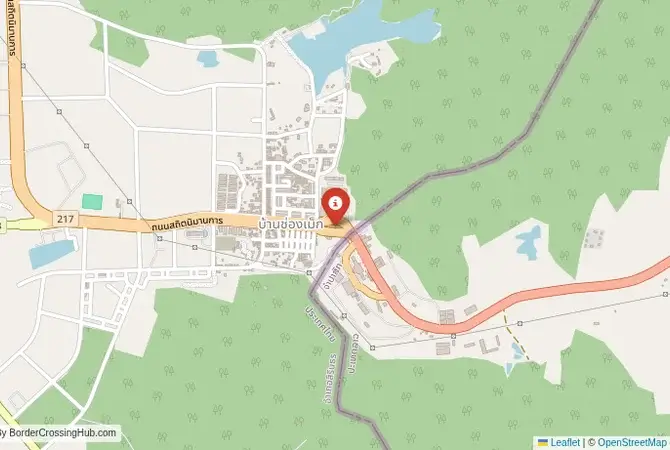 Close-up map showing a border crossing point with marker at the selected land port of entry between Laos and Thailand