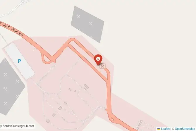Close-up map showing a border crossing point with marker at the selected land port of entry between Jordan and Saudi Arabia