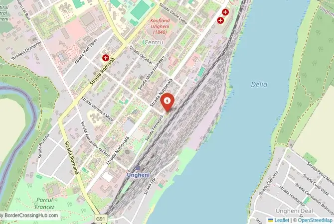 Close-up map showing a border crossing point with marker at the selected land port of entry between Moldova and Romania
