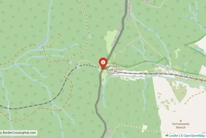 Close-up map showing a border crossing point with marker at the selected land port of entry between Slovakia and Poland