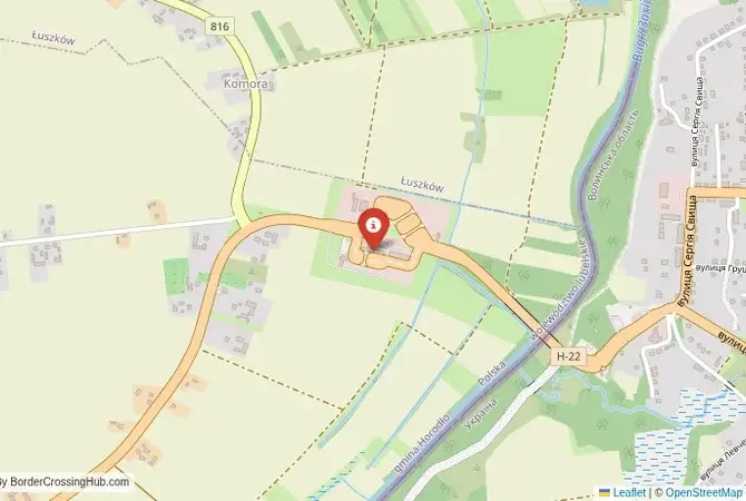 Close-up map showing a border crossing point with marker at the selected land port of entry between Ukraine and Poland