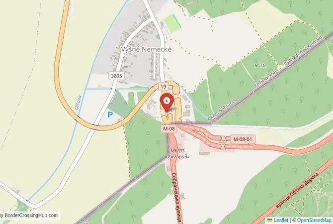 Close-up map showing a border crossing point with marker at the selected land port of entry between Ukraine and Slovakia