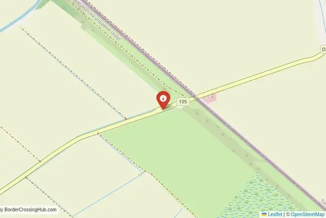 Close-up map showing a border crossing point with marker at the selected land port of entry between Romania and Serbia