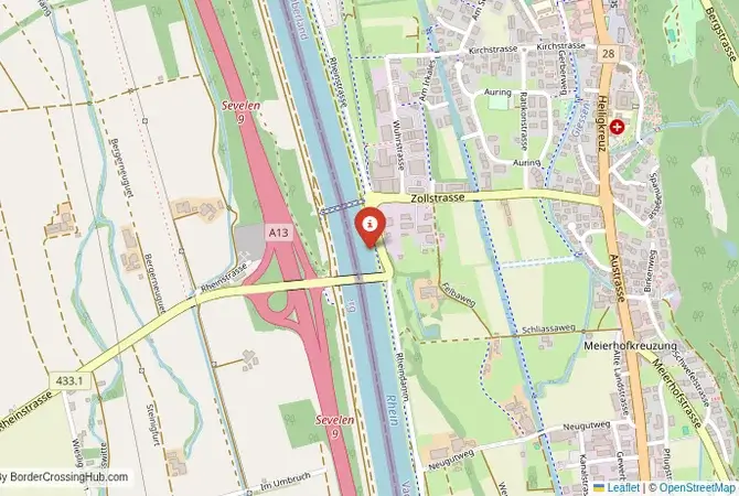Close-up map showing a border crossing point with marker at the selected land port of entry between Liechtenstein and Switzerland