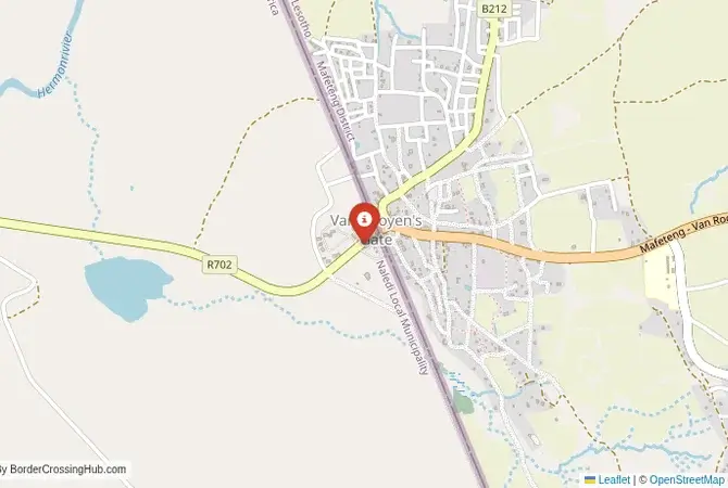 Close-up map showing a border crossing point with marker at the selected land port of entry between South Africa and Lesotho