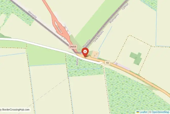 Close-up map showing a border crossing point with marker at the selected land port of entry between Romania and Serbia