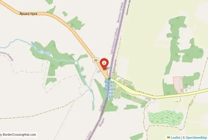 Close-up map showing a border crossing point with marker at the selected land port of entry between Bulgaria and Serbia