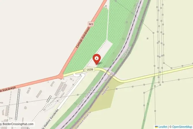 Close-up map showing a border crossing point with marker at the selected land port of entry between Moldova and Ukraine