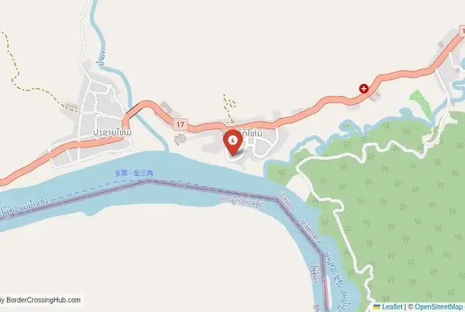 Close-up map showing a border crossing point with marker at the selected land port of entry between Laos and Myanmar