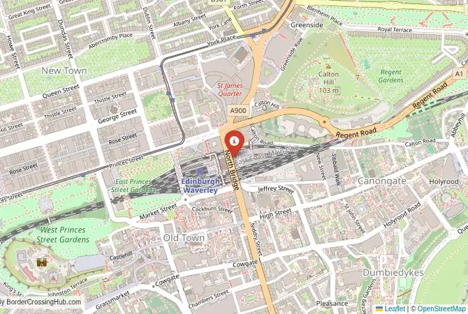 Close-up map showing a border crossing point with marker at the selected land port of entry between South Africa and Eswatini