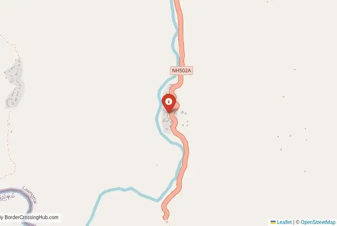 Close-up map showing a border crossing point with marker at the selected land port of entry between India and Myanmar