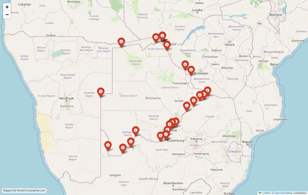 Visual guide to Botswana terrestrial border crossings and frontier checkpoints