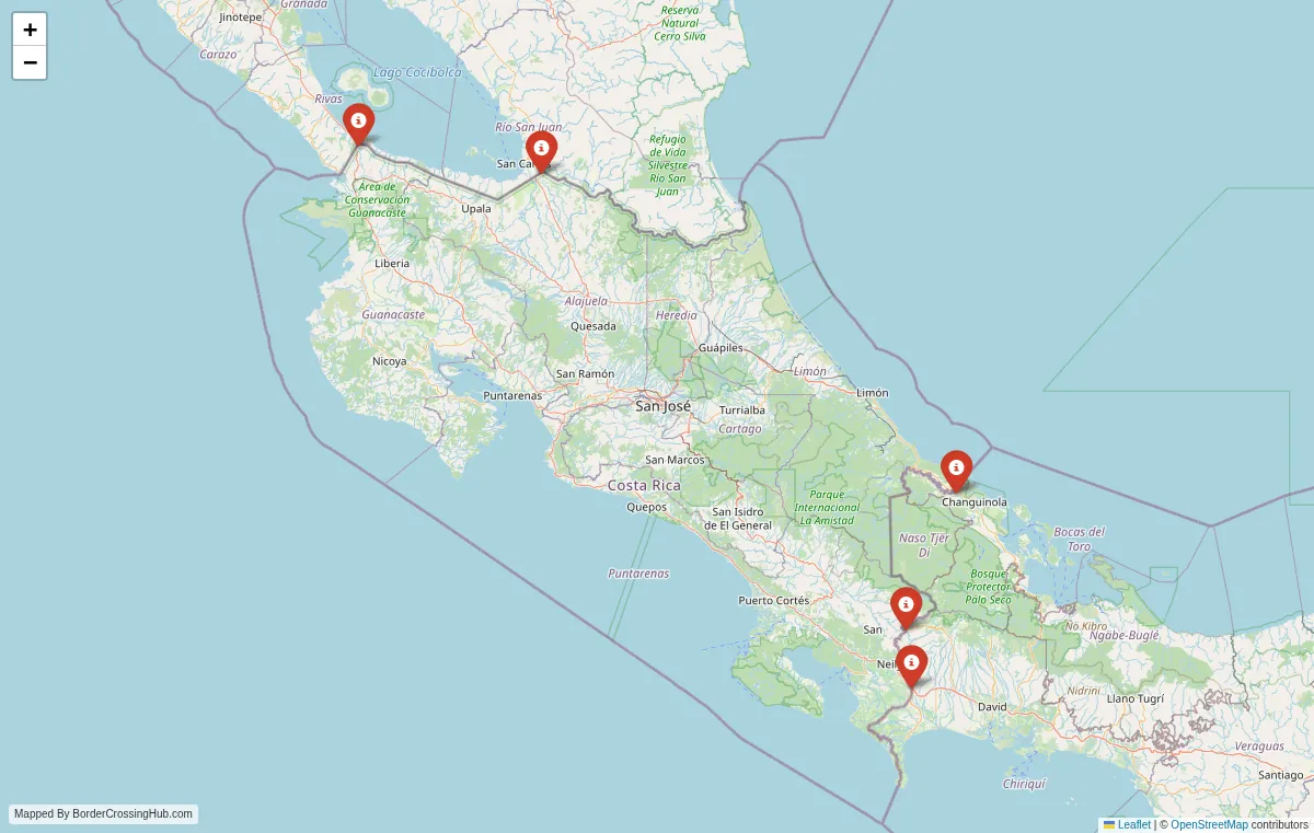 Visual guide to Costa Rica terrestrial border crossings and frontier checkpoints