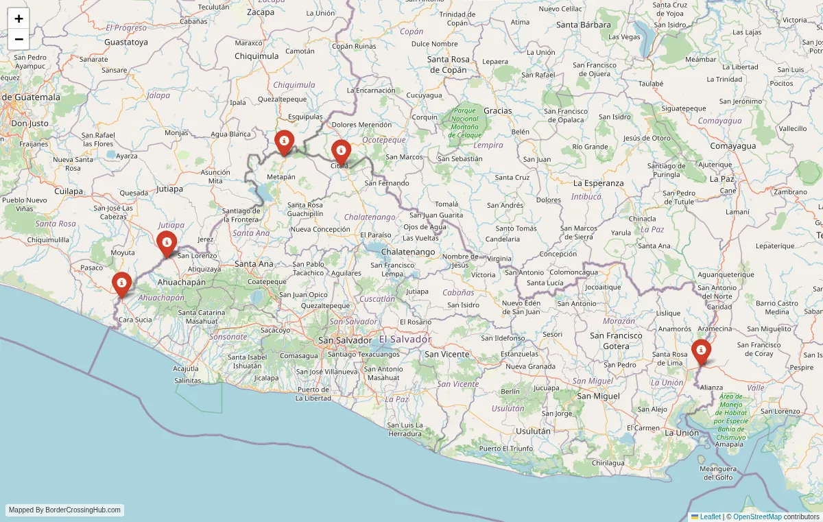 Visual guide to El Salvador terrestrial border crossings and frontier checkpoints