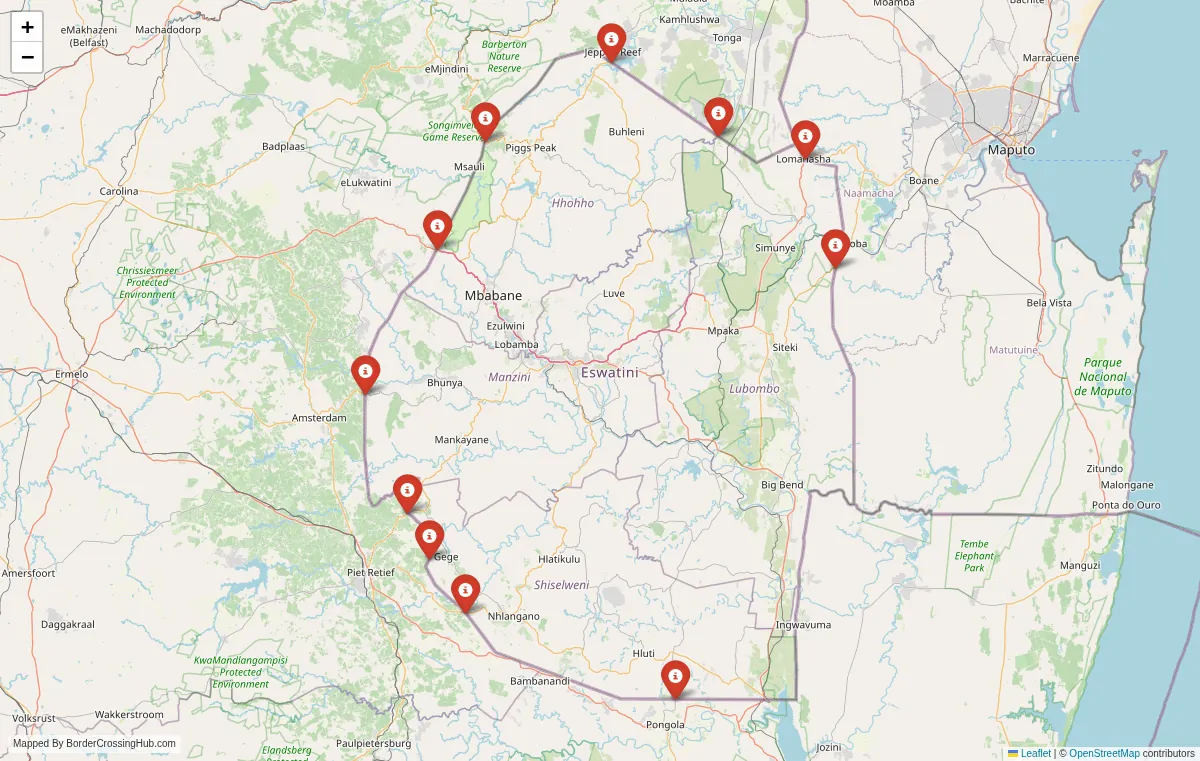Visual guide to Eswatini terrestrial border crossings and frontier checkpoints