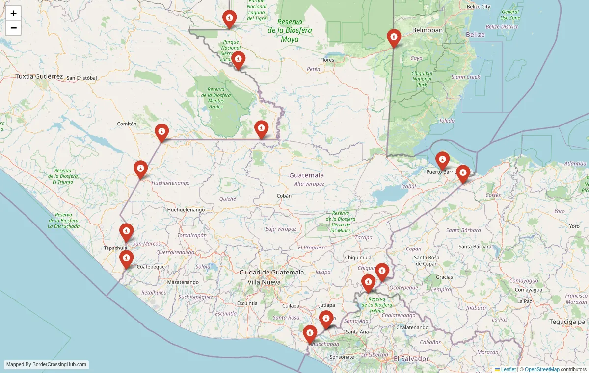 Visual guide to Guatemala terrestrial border crossings and frontier checkpoints
