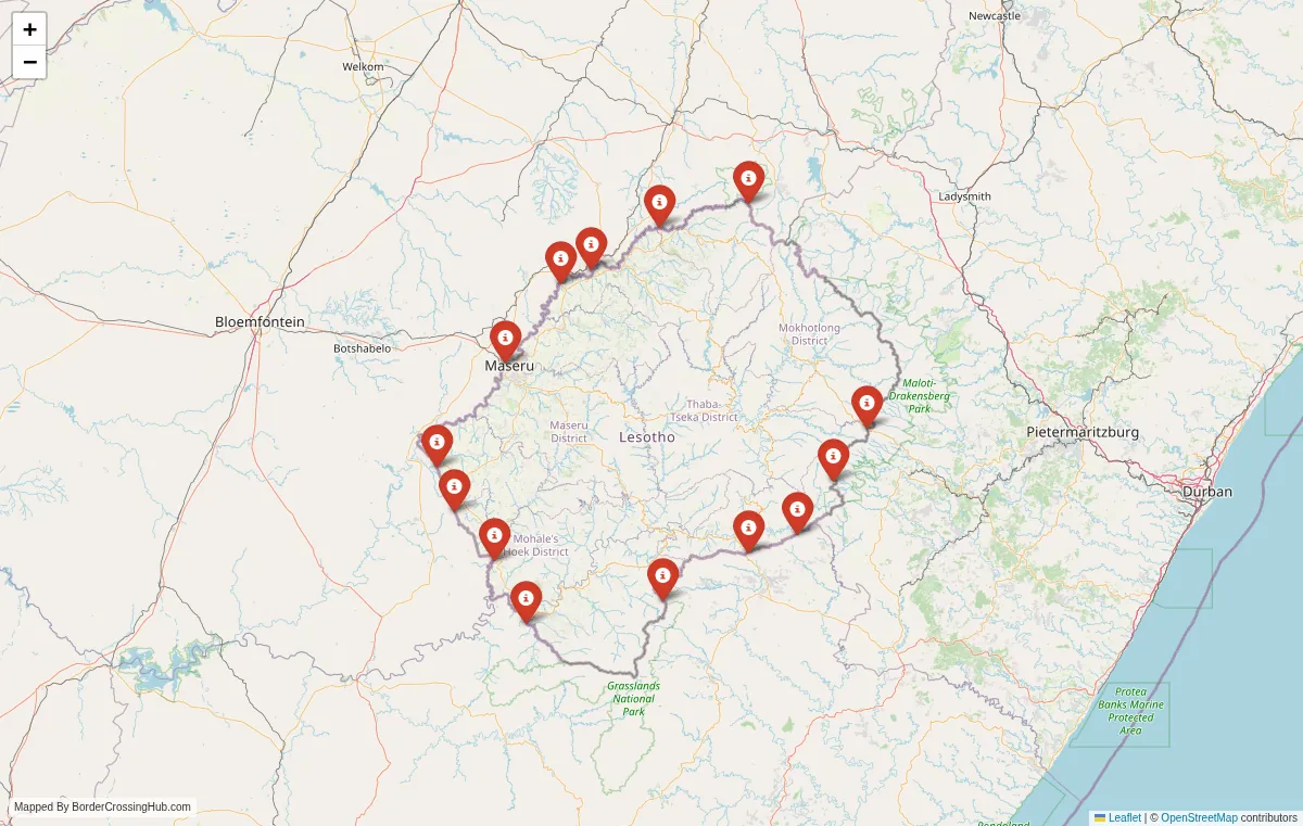 Visual guide to Lesotho terrestrial border crossings and frontier checkpoints