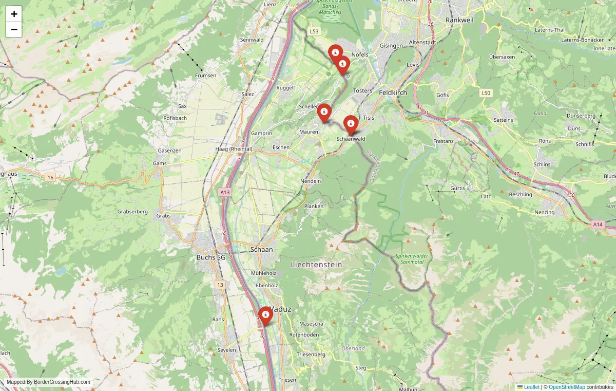 Visual guide to Liechtenstein terrestrial border crossings and frontier checkpoints