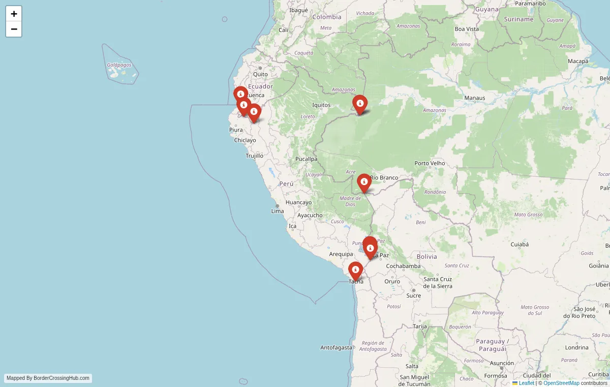 Visual guide to Peru terrestrial border crossings and frontier checkpoints