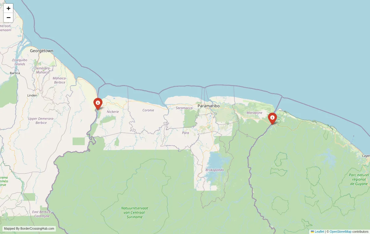 Visual guide to Suriname terrestrial border crossings and frontier checkpoints