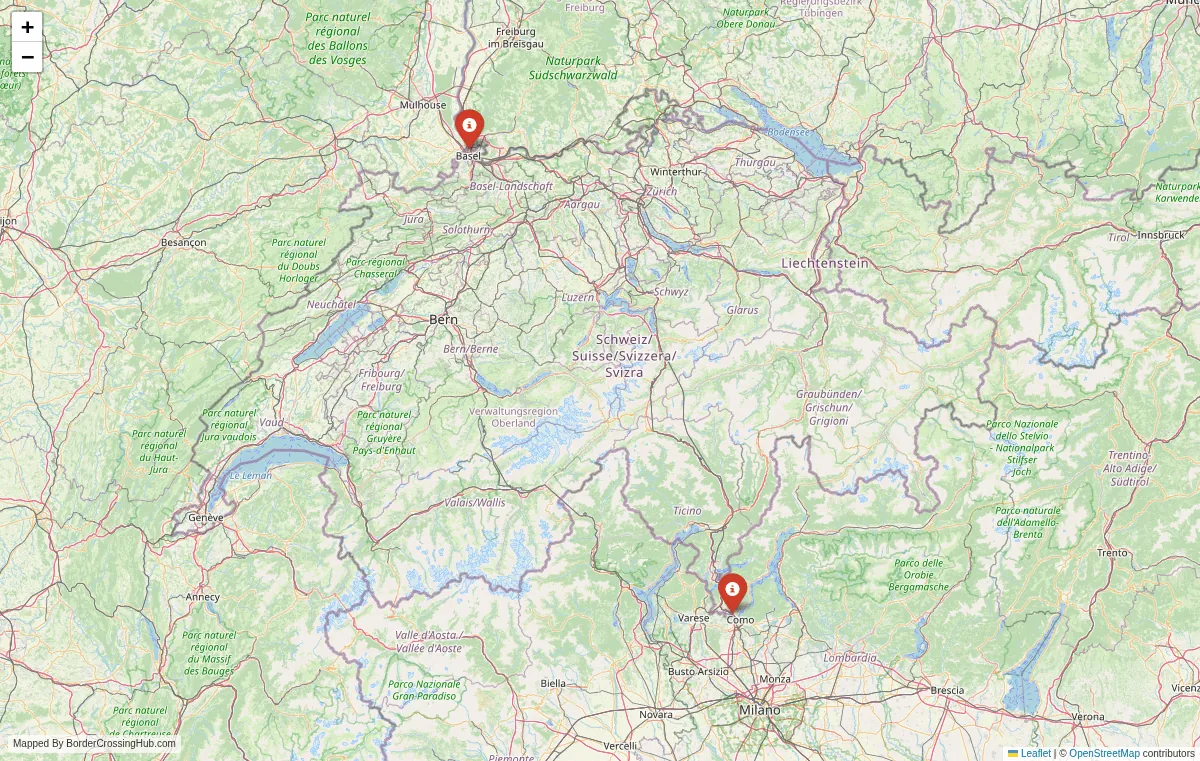 Visual guide to Switzerland terrestrial border crossings and frontier checkpoints
