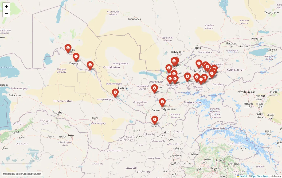 Visual guide to Uzbekistan terrestrial border crossings and frontier checkpoints